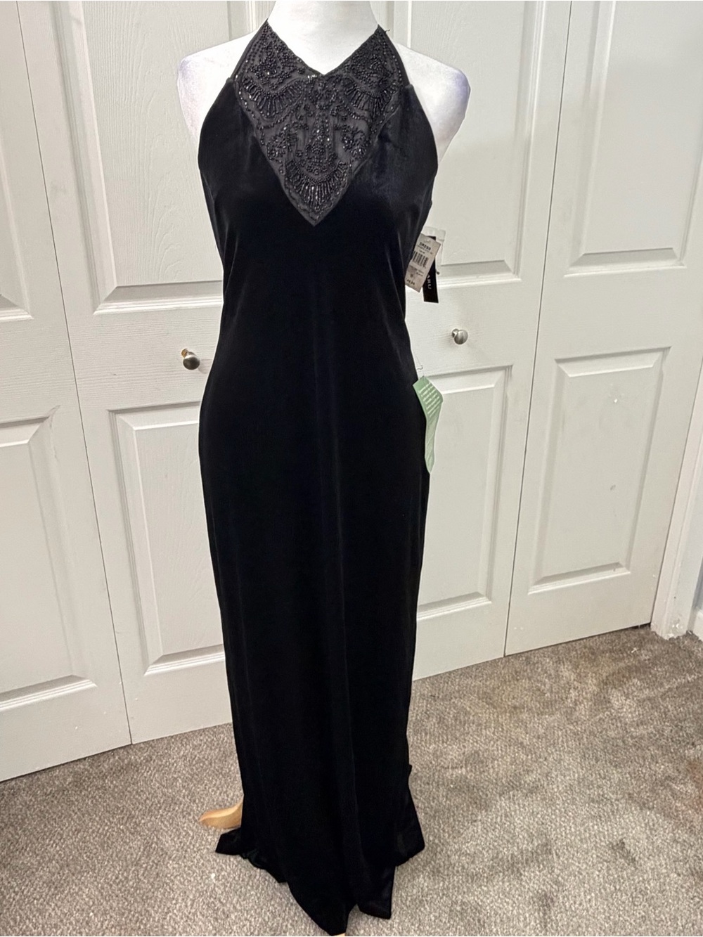 Delaru Boutique long Black Velvet Beaded Halter Maxi Gown Dress Size 8 NWT